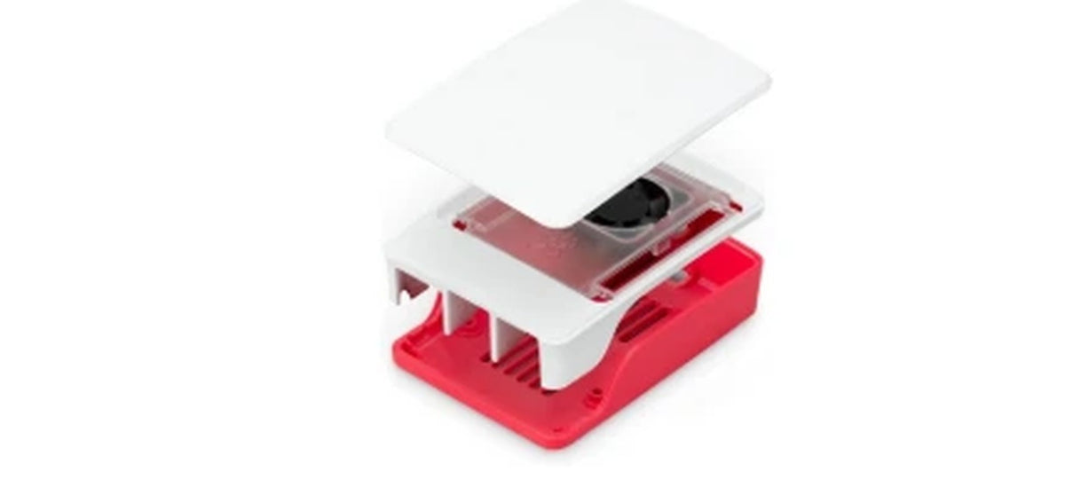 Boitier Raspberry Pi 5 blanc/rouge avec ventilateur -- photo Pearl.fr