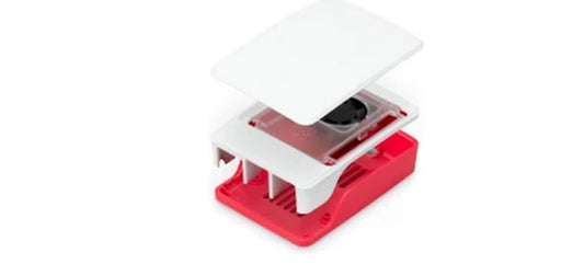 Boitier Raspberry Pi 5 blanc/rouge avec ventilateur -- photo Pearl.fr